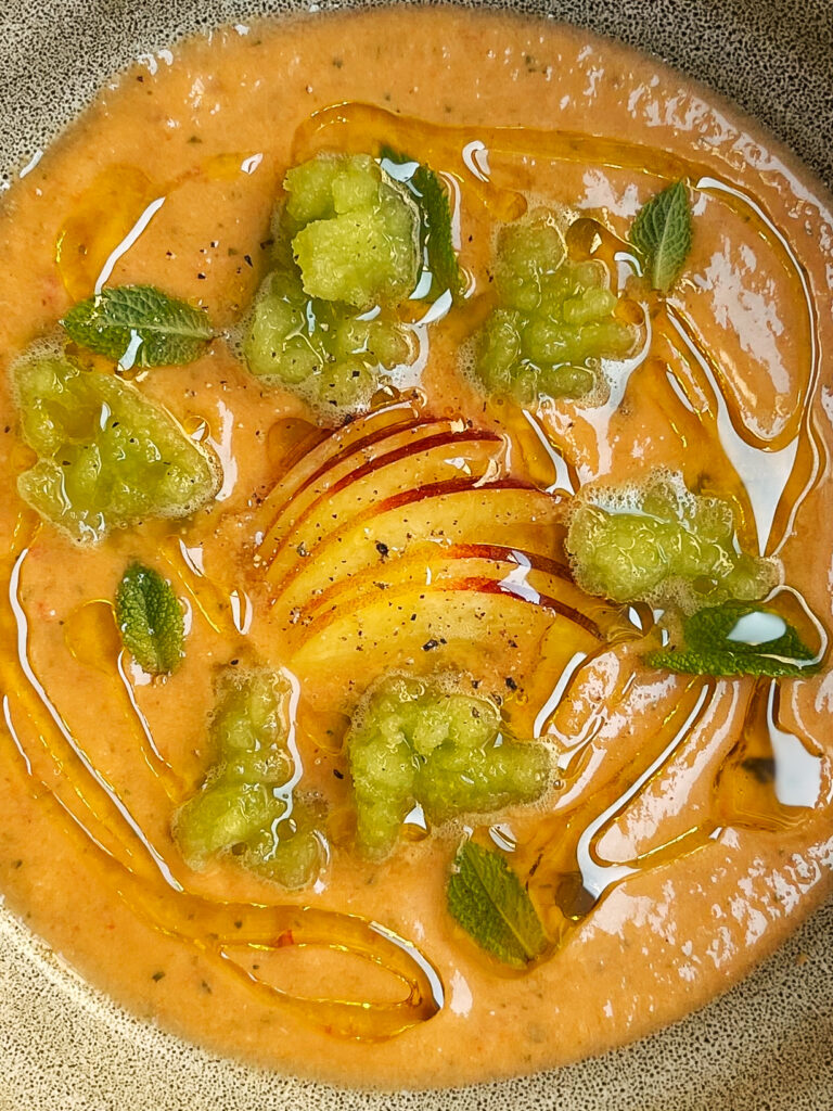 This is one way to make a gazpacho with a twist: creamy and refreshing nectarine gazpacho with tangy and fresh celery sorbet.