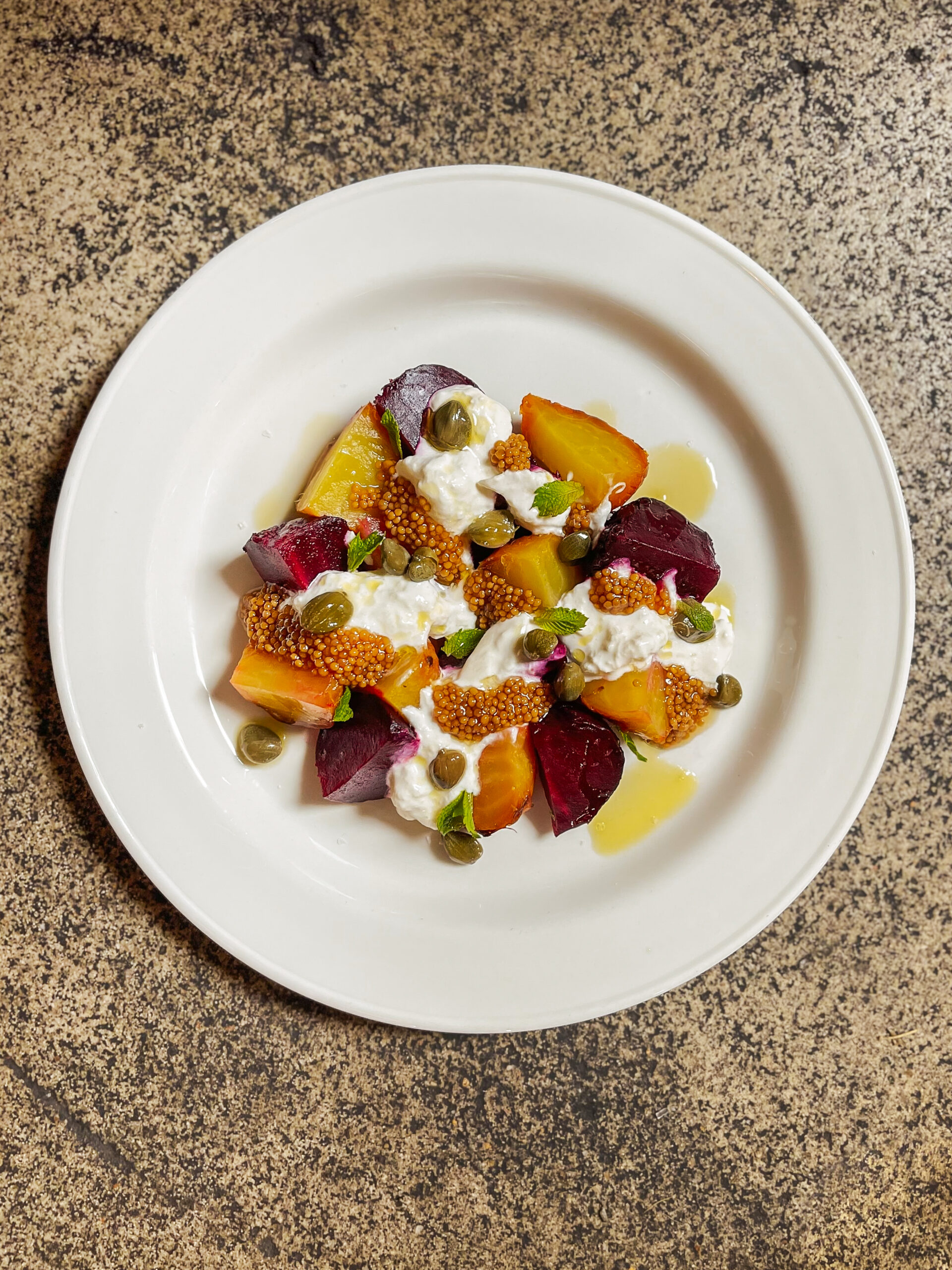 Burrata With Smoked Beets and Pickled Mustard Seeds